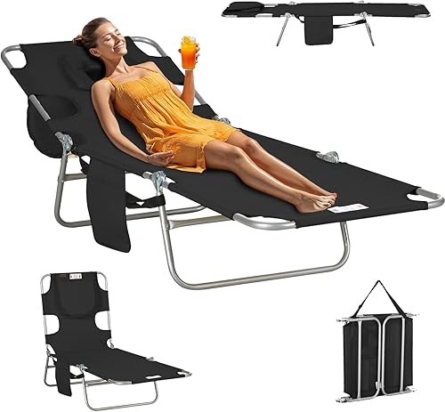 Miniatura 14 de Silla de bronceado resistente 3 en 1 con agujero para la cara Sillas de salón plegables ajustables de 5 posiciones Silla de playa portátil