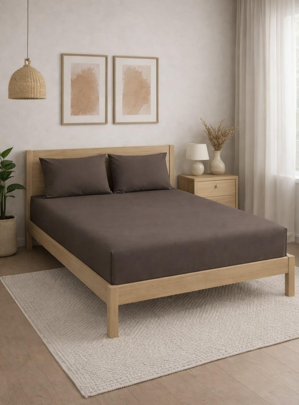 THE HOME STYLE Solid Plain Cotton Feel Fitted Bedsheet (72x78 inches) with Reversible Comforter (90x100 inches) | King Size | 2 Pillow Covers | 300 TC | 4-Piece Bedding Set (Mocha)