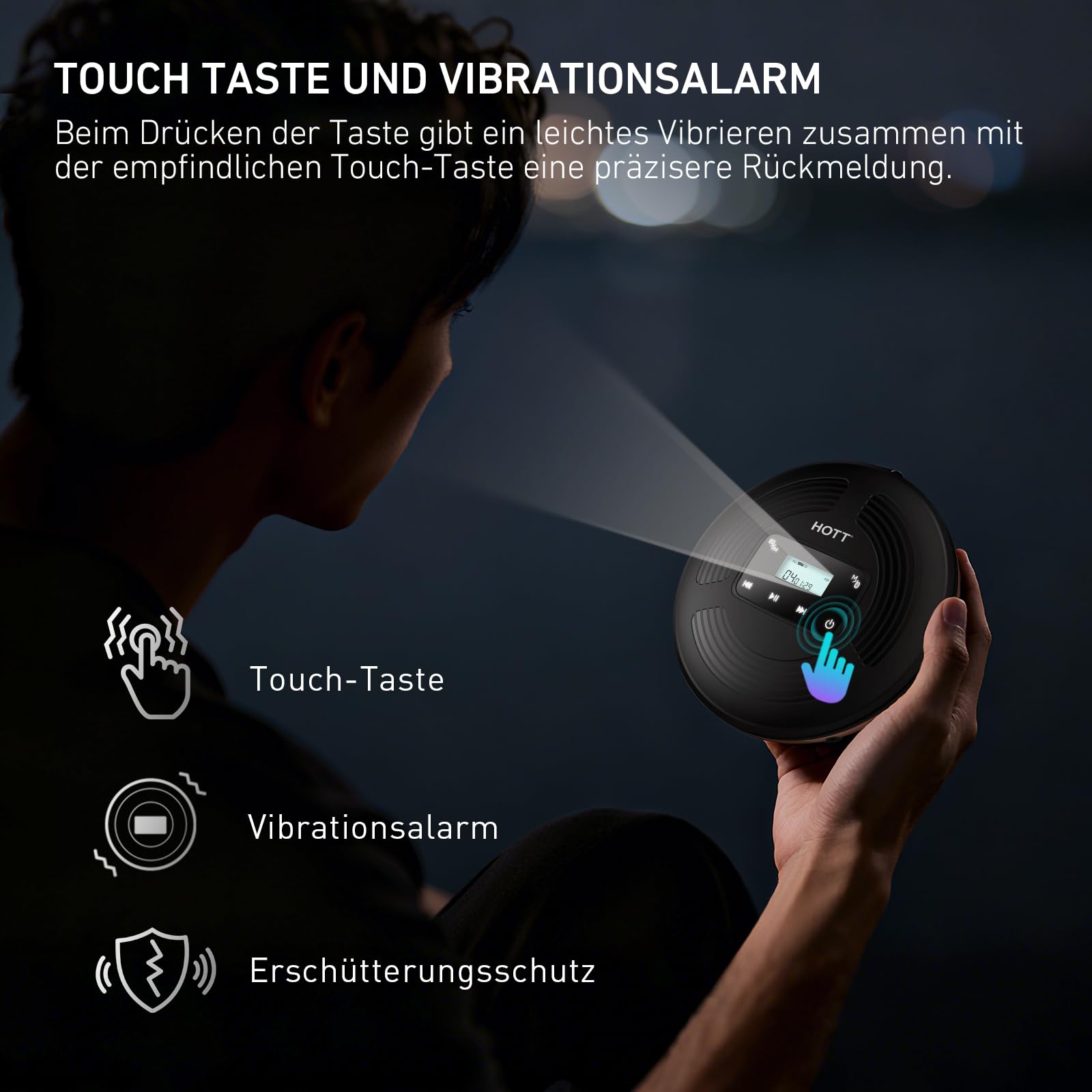 HOTT - Lettore CD portatile da 1800 mAh, ricaricabile, con Bluetooth e trasmettitore FM, ideale per viaggi, casa e auto, con cuffie stereo e design antiurto (nero)