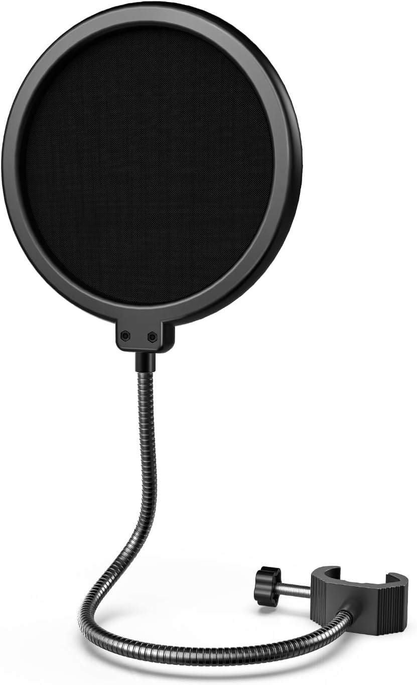 Coverzone Stüdyo ve Masaüstü Standı için Mikrofon Pop Filtresi, Çift Katmanlı, Kaz boynu Klipsi, Akış, Podcasting, Seslendirme, Ev Kayıt Stüdyosu için, Siyah