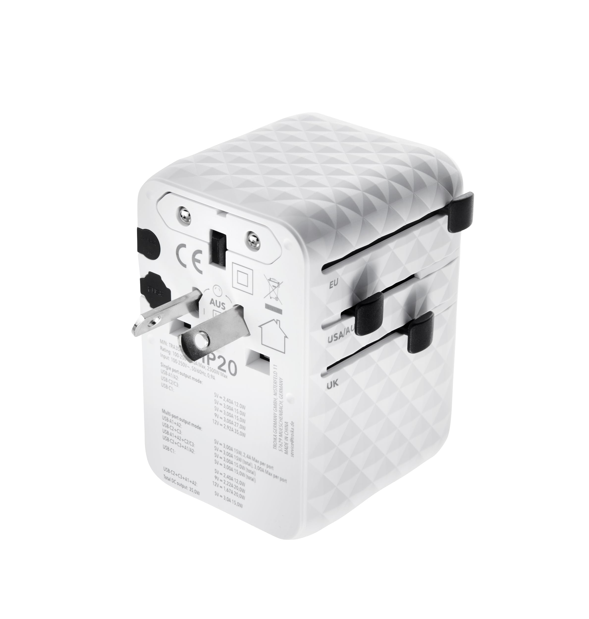 TROIKA Worldwide Pull 35 adapter podróżny na całym świecie/USA/WYŁ.UK/UK + USA/JP wraz z kablem USB-C do szybkiego ładowania i nadaje się do wszystkich powszechnie stosowanych gniazd wtykowych 5 w