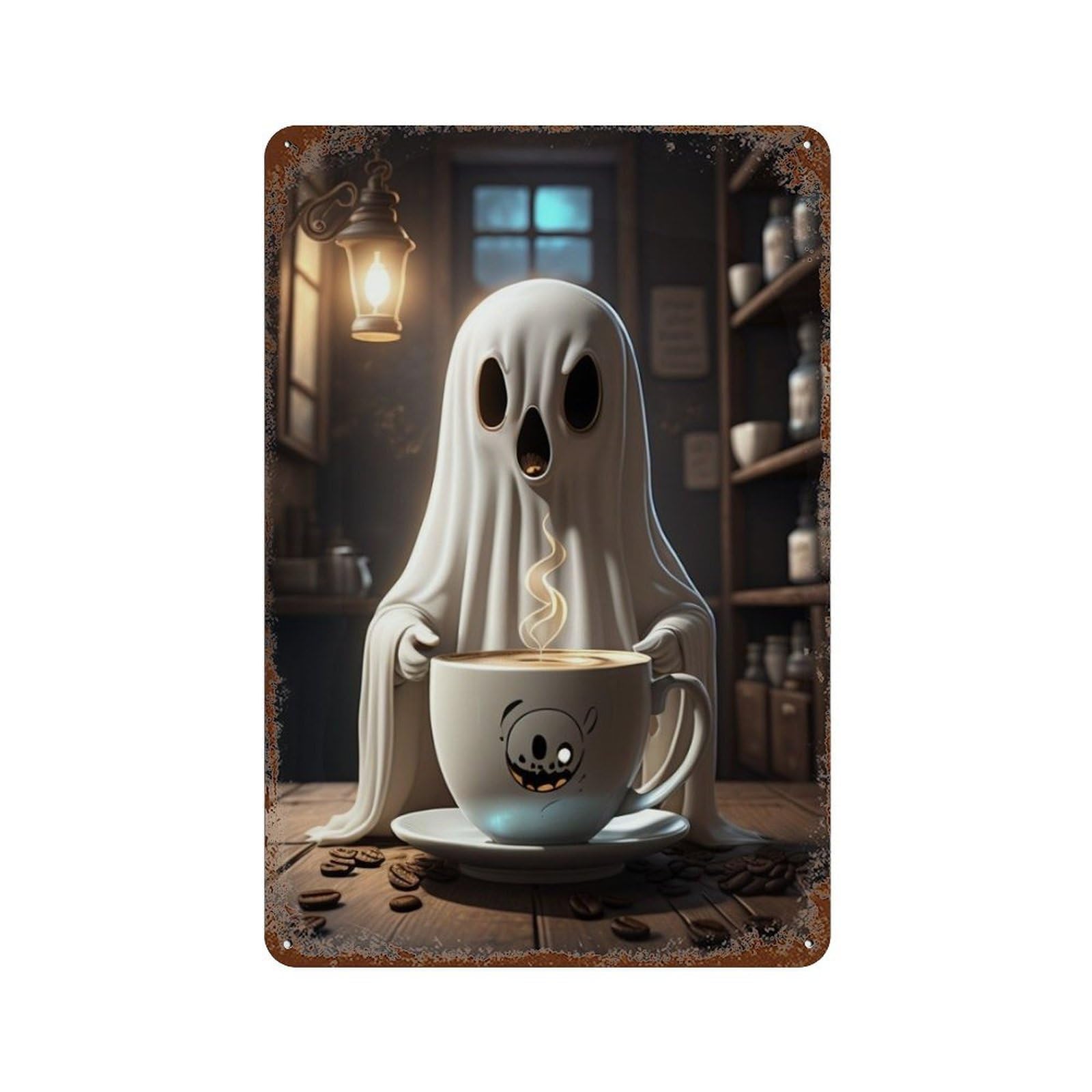 Ghostly Coffee Lover Retro Metal Sign 11.8"x7.9", Decorative Metal Wall Art for Garage, Bar And Workshop Decor
