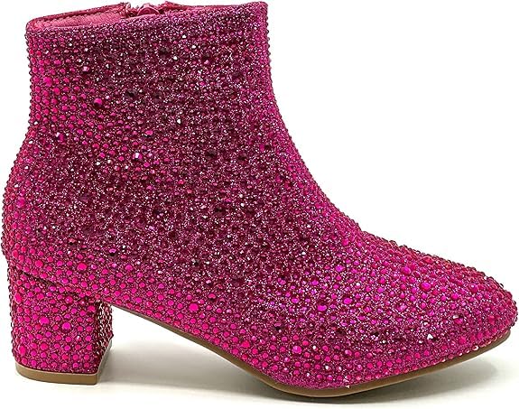 Forever Girls Rhinestone Boots Kids Low Heel Dress Booties Iceberg-12K Shoes Fuchsia Rhinestone 103