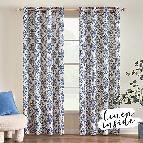 Miulee Damask Curtains 96 Inches Long For Living Room Thick Linen Textured Classic Vintage Medallion Printed Country Farmhouse Patterned Toile Window Drapes For Bedroom 2 Panels Set, Blue On Beige #TOP1