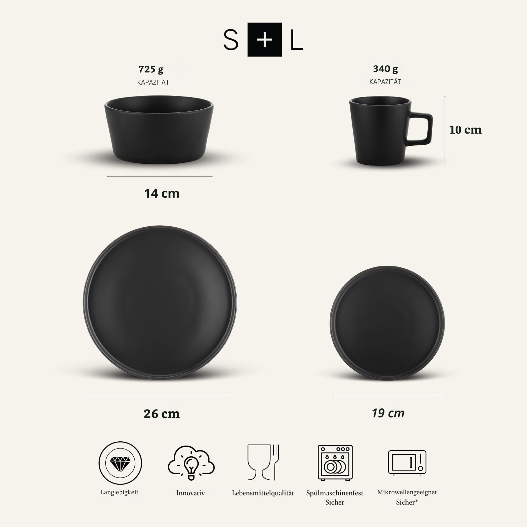 Stone Lain Coupe Geschirrset, 16-teilig, Service für 4, schwarz matt