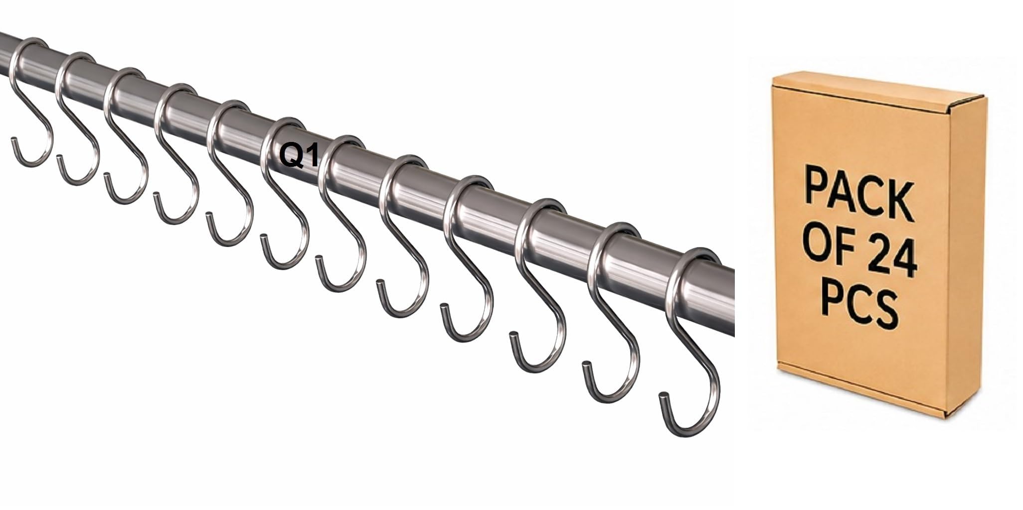 Q1 Beads 24 Pcs 3" inch Stainless Steel S Hooks for Hanging on 1 inch Pipe/Curtain Rod (Chrome)-image-4