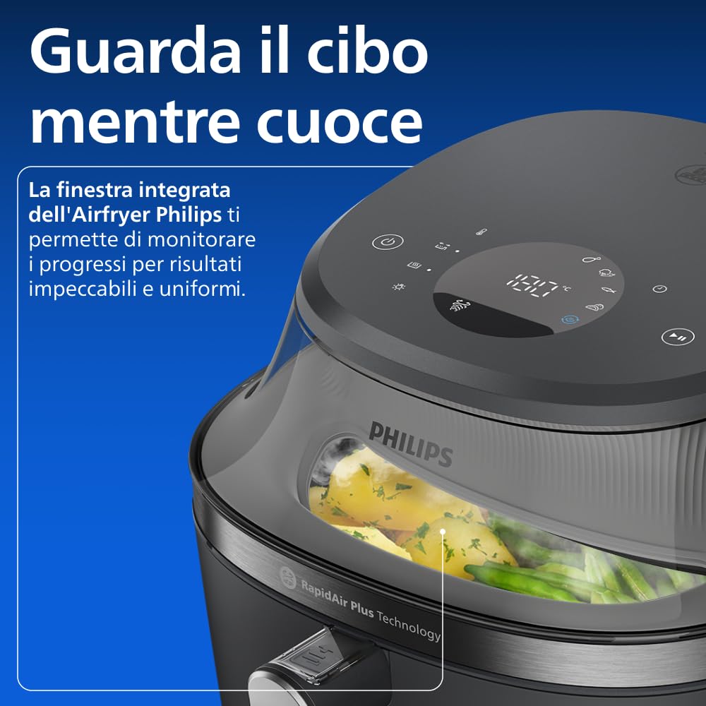 Philips Airfryer Serie 5000 con vapore: Frittura ad aria, cottura a vapore o combinata, 21 modalità, Capacità 7,2 L, Tec. RapidAir Plus, finestrella, Rivestimento ceramica, Auto SteamClean (NA540/00)