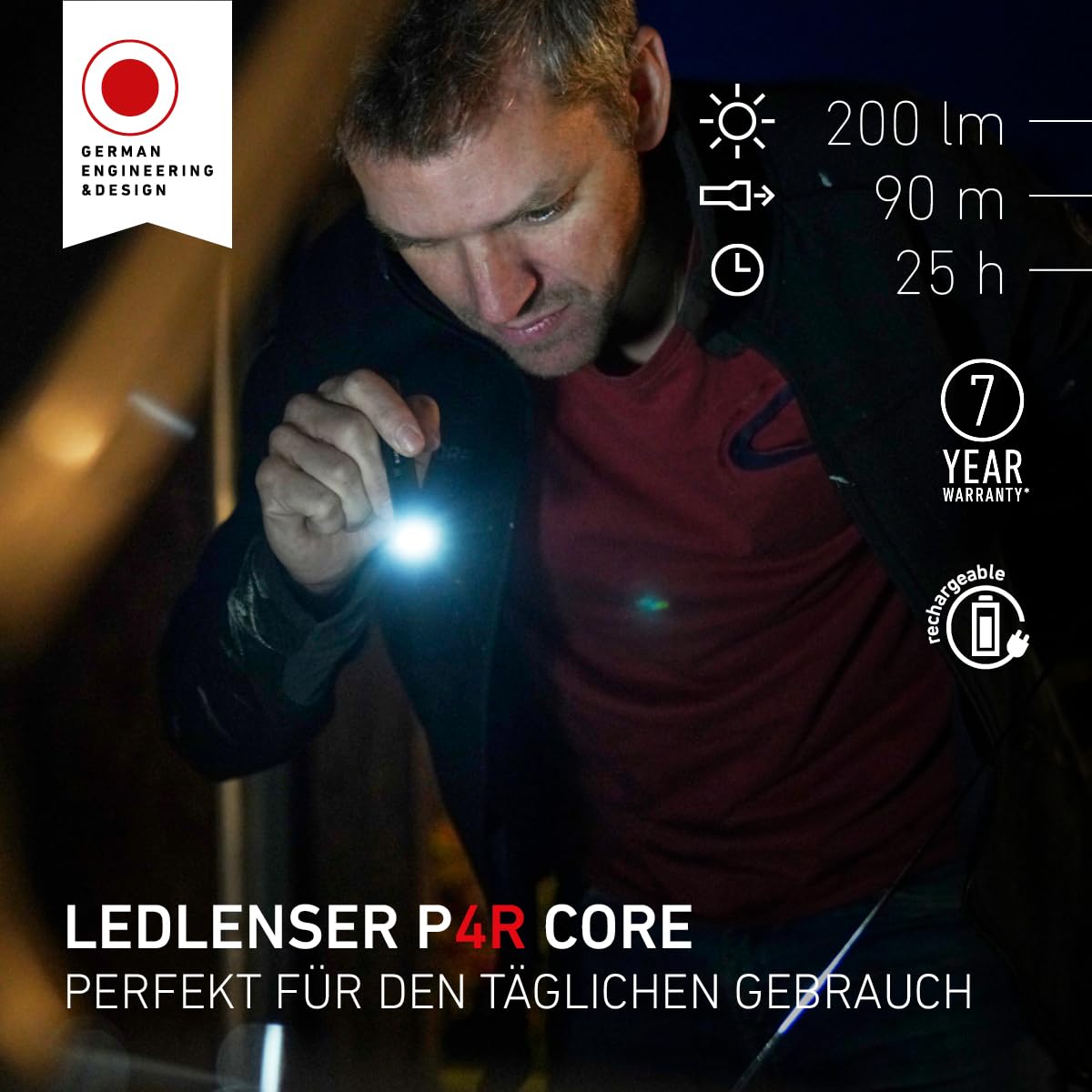 Ledlenser P4R Core| 2020 | LED Stiftleuchte | Taschenlampe |200 Lumen| aufladbar mit Lithium Akku | fokussierbar | drei Helligkeitsstufen | 95m Leuchtweite | bis zu 5 Std. Laufzeit | USB Ladekabel