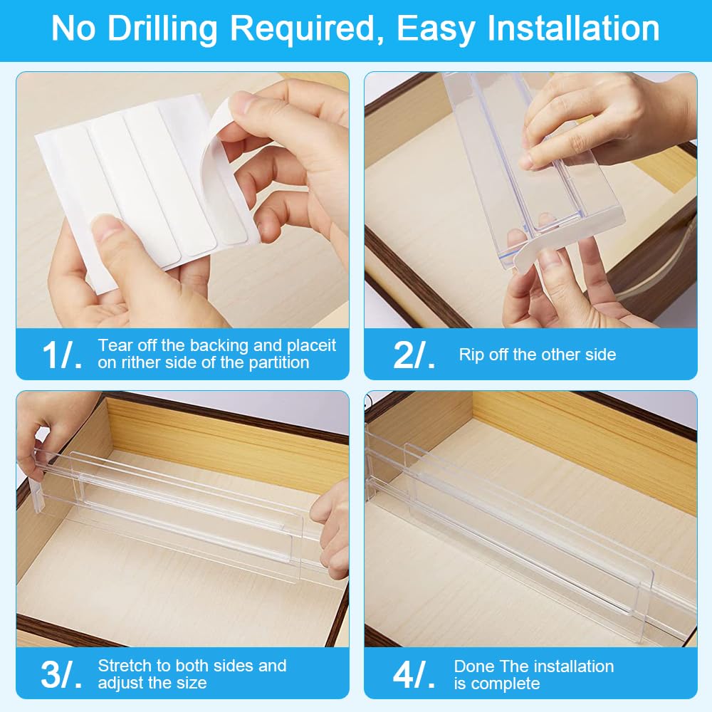 QINERSAW Separadores de cajones ajustables 6 piezas 27,5-52 cm Plástico transparente Organizador para baño oficina