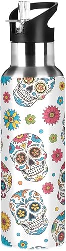 BPA-Free Sport Water Bottle 32 Oz, Insulated Stainless Steel Water Bottle with Straw for Gym Outdoor Travel School, Colorful Skulls Floral