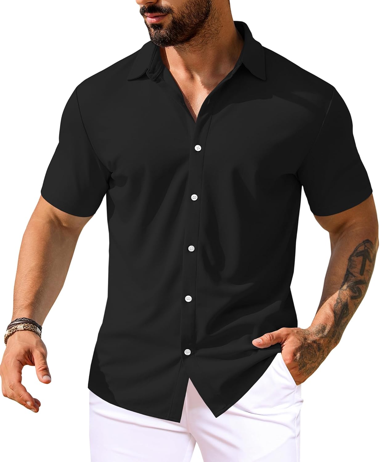 URRU Men's Muscle Dress Shirts Short Sleeve Stretch Casual Button Down Shirts Wrinkle Free Slim Fit Dress Shirt for Men