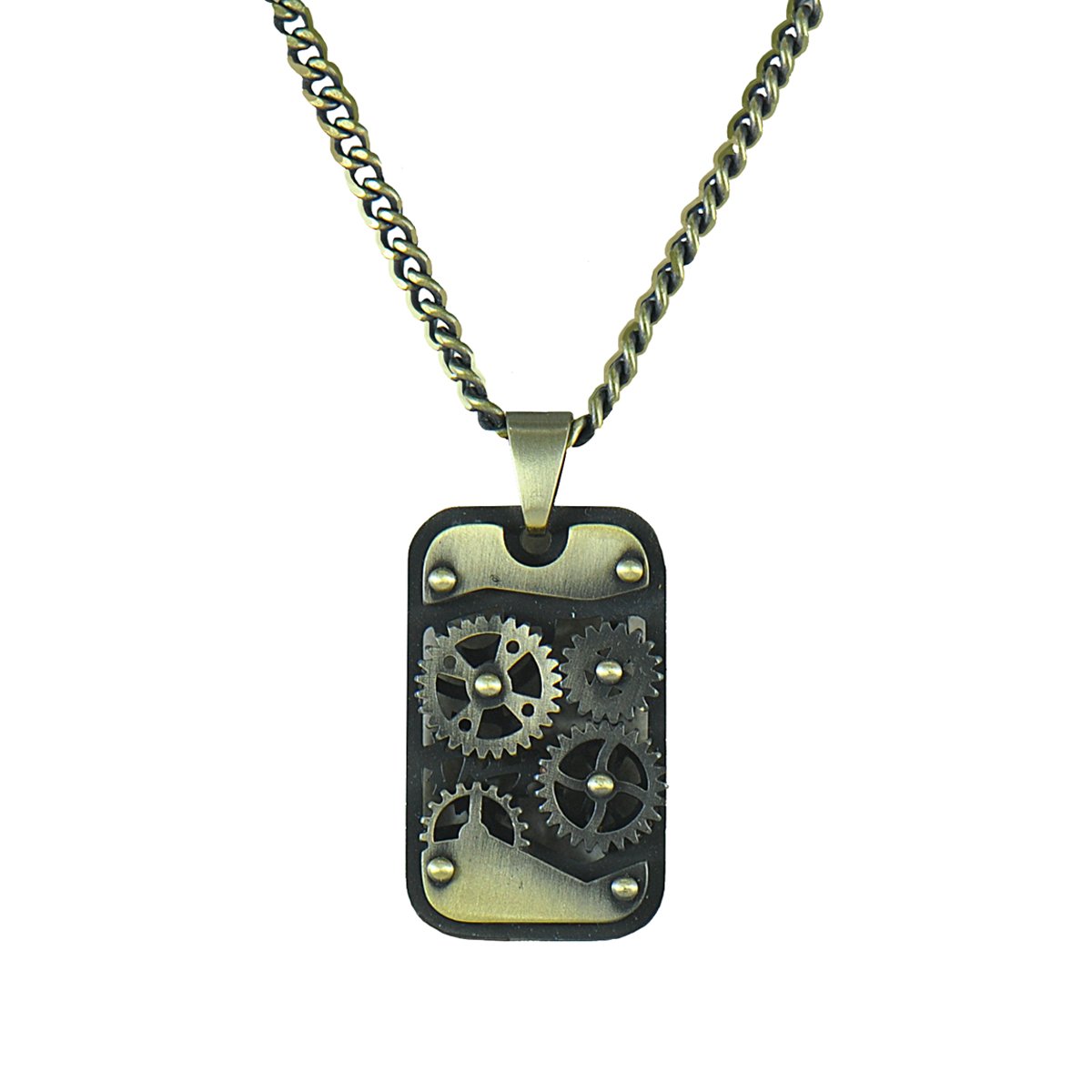 Moving Gears Pendant Necklace for Men - Made in USA - High Quality Stainless Steel Mens Tag Pendant Chain Necklace - Brushed Bronze - Gift Box Packaged - Best Mens Gift