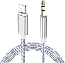 Câble auxiliaire pour iPhone 14/13/12/X/11 Pro Max Cordon auxiliaire de voiture Lightning Jack 3.5mm Cordon auxiliaire audio de qualité supérieure vers autoradio/adaptateur casque (Argent Blanc)