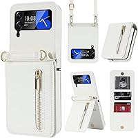 Vista 14 de Funda de lujo con cremallera para Samsung Galaxy Z Flip 4, con función atril, tarjetero ajustable, correa cruzada ajustable, funda con tapa a