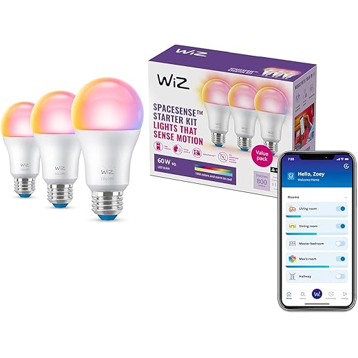 WiZ Connected Smart Light Bulbs, Sunset to Sunrise Automation + Motion Detection + Control with Voice or App, Full Color A19 60W 800LM Indoor, Matter Compatible -3 Pack