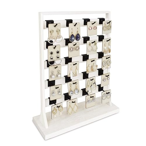 Ikee Design Wooden Jewelry Display Rack with 20 Hooks, Earring Card Display Holder Stand with Hooks, Jewelry Tower for Earring Cards, Necklaces, Keychains, Coffee Color, 11.75" W x 4.6" D x 15.4" H - Black