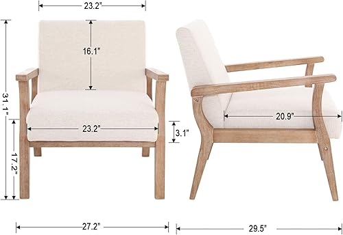 Miniatura 2 de HNY Sillón de mediados de siglo con marcos de madera, sillón tapizado de lino, para sala de estar, dormitorio, marfil Marco de madera dura natural