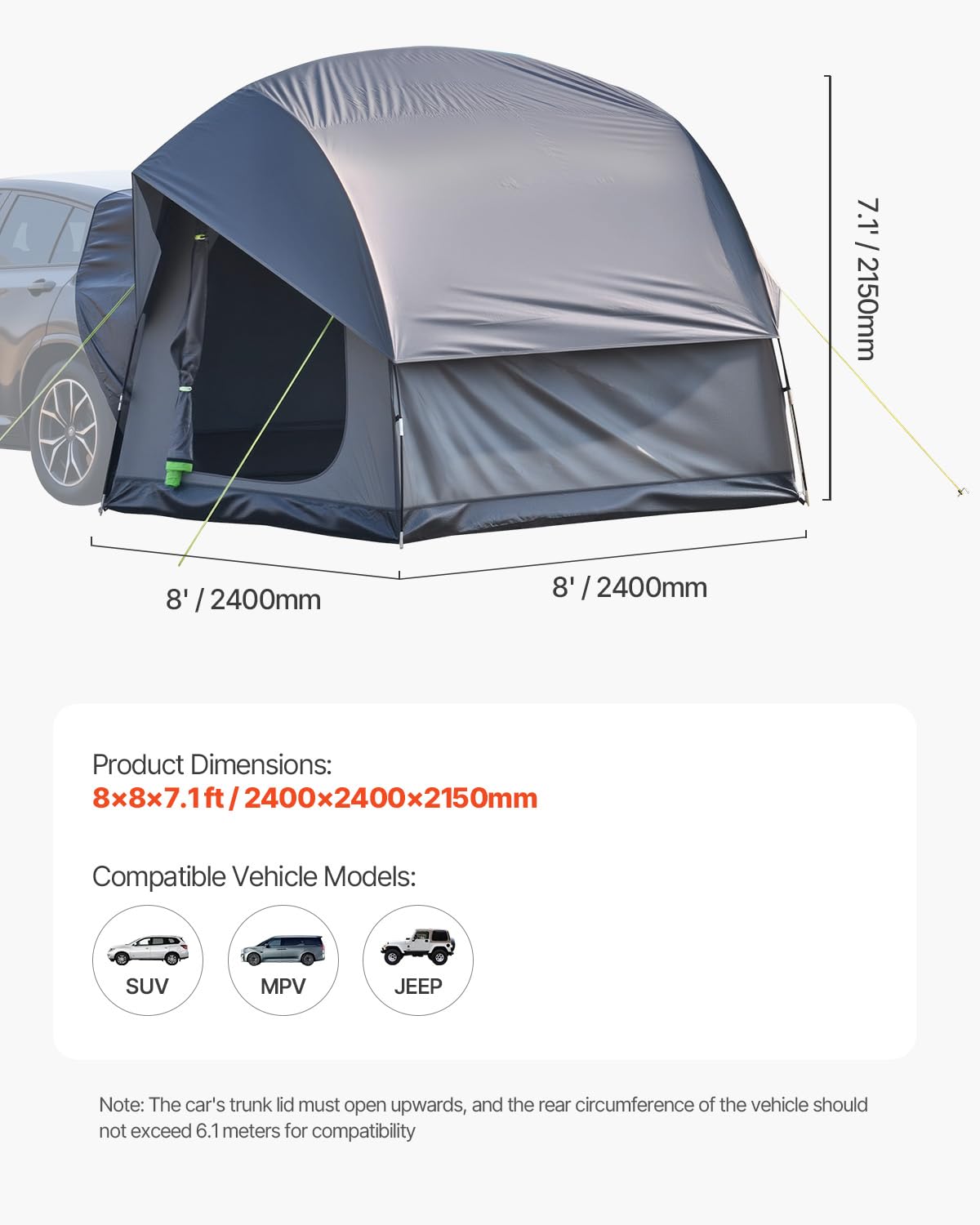 VEVOR Tenda da Campeggio per Auto SUV 240 x 240 x 215 cm Impermeabile PU2000 Design a Doppio Strato 5-8 Persone