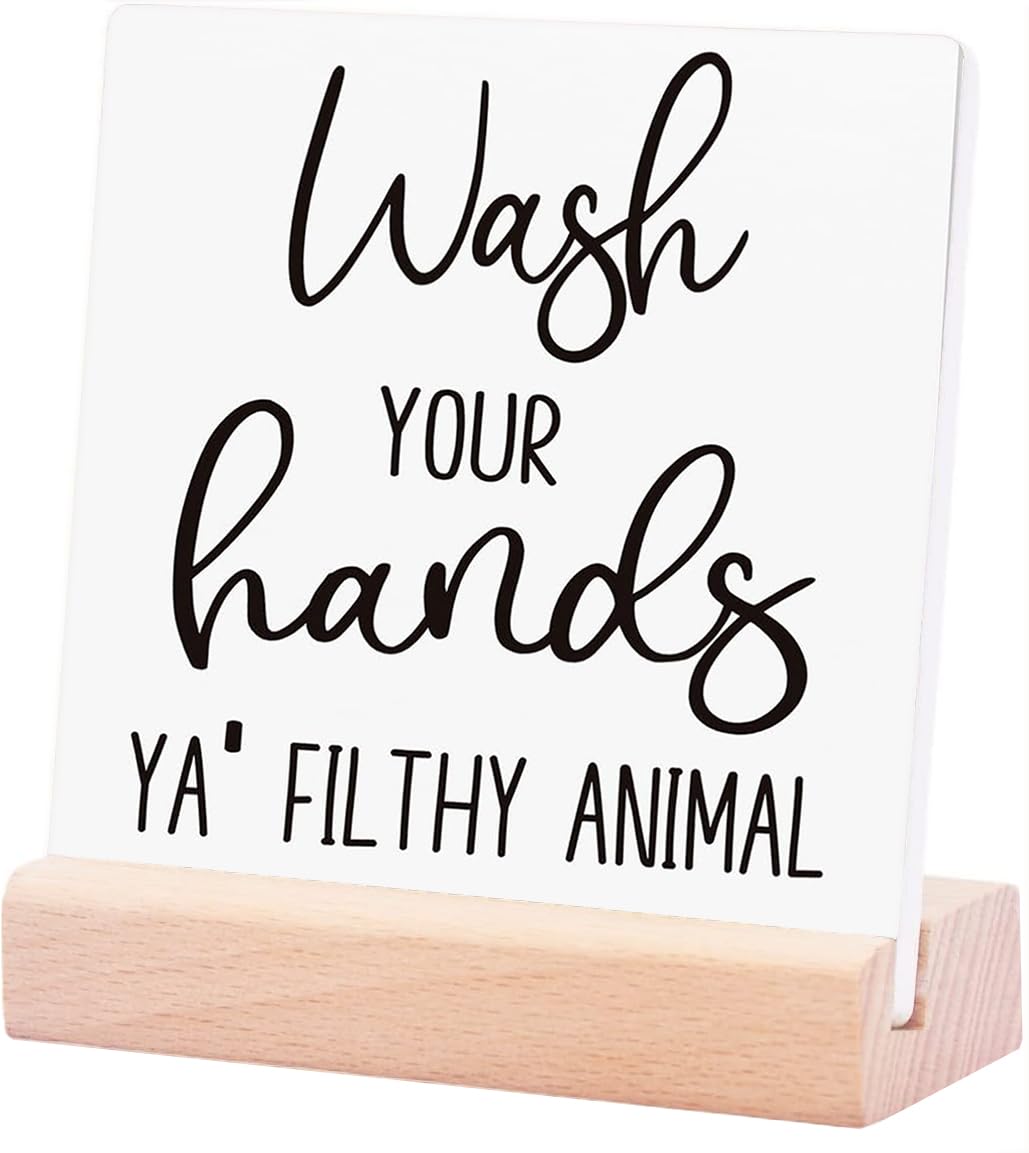 Funny Bathroom Wooden Plaque Sign,Wash Your Hands Ya' Filthy Animal Wood Plaque With Wooden Stand For Bathroom Shelf Toilet Restroom Home Tabletop Desk Decor,Rustic Bathroom Sign Decor 4X4Inch
