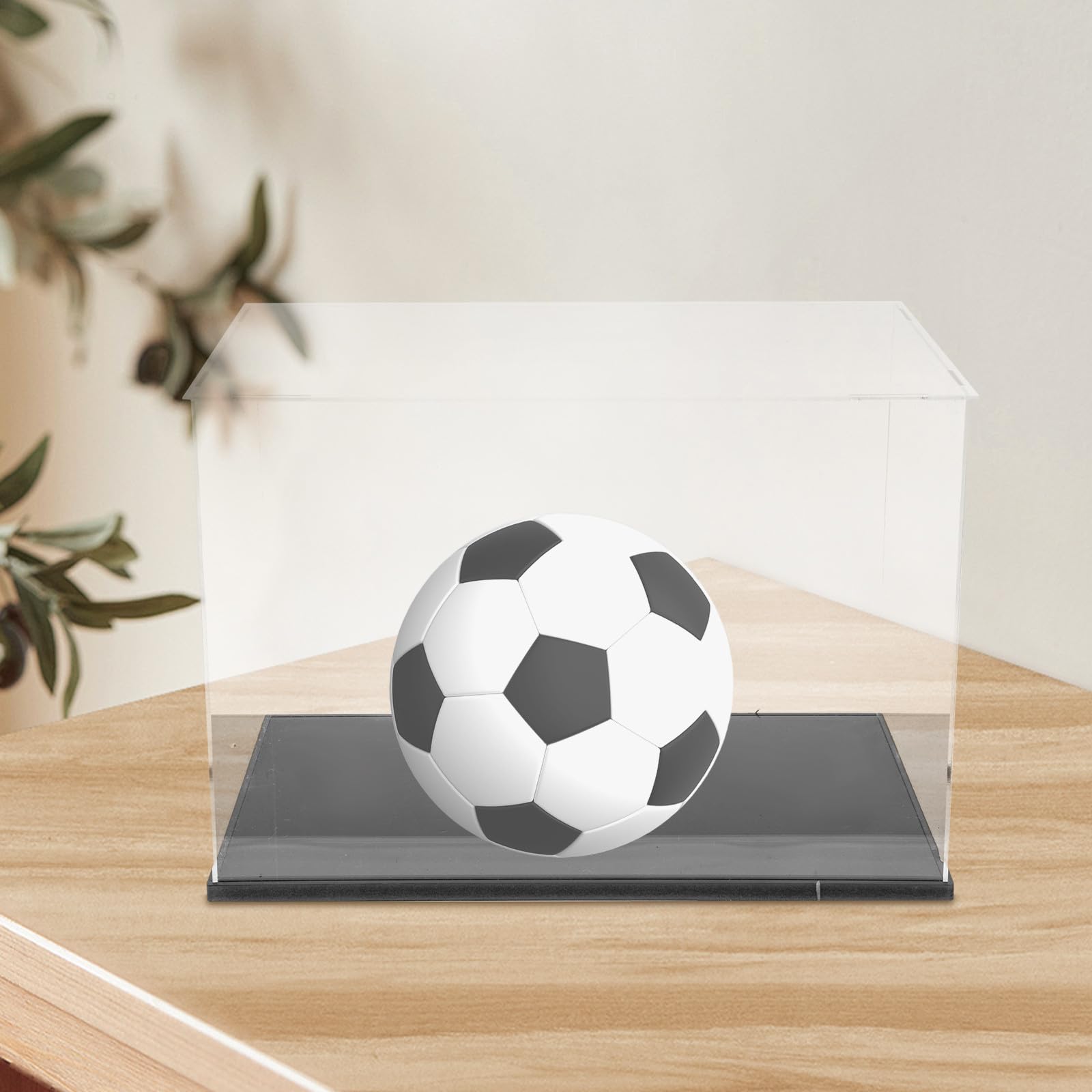 WOONEKY Caja Expositor Transparente para Fútbol con Soporte Negro Contenedor Apilable de Acrílico Resistente para Balones de Fútbol Estándar para Almacenamiento y Exhibición de