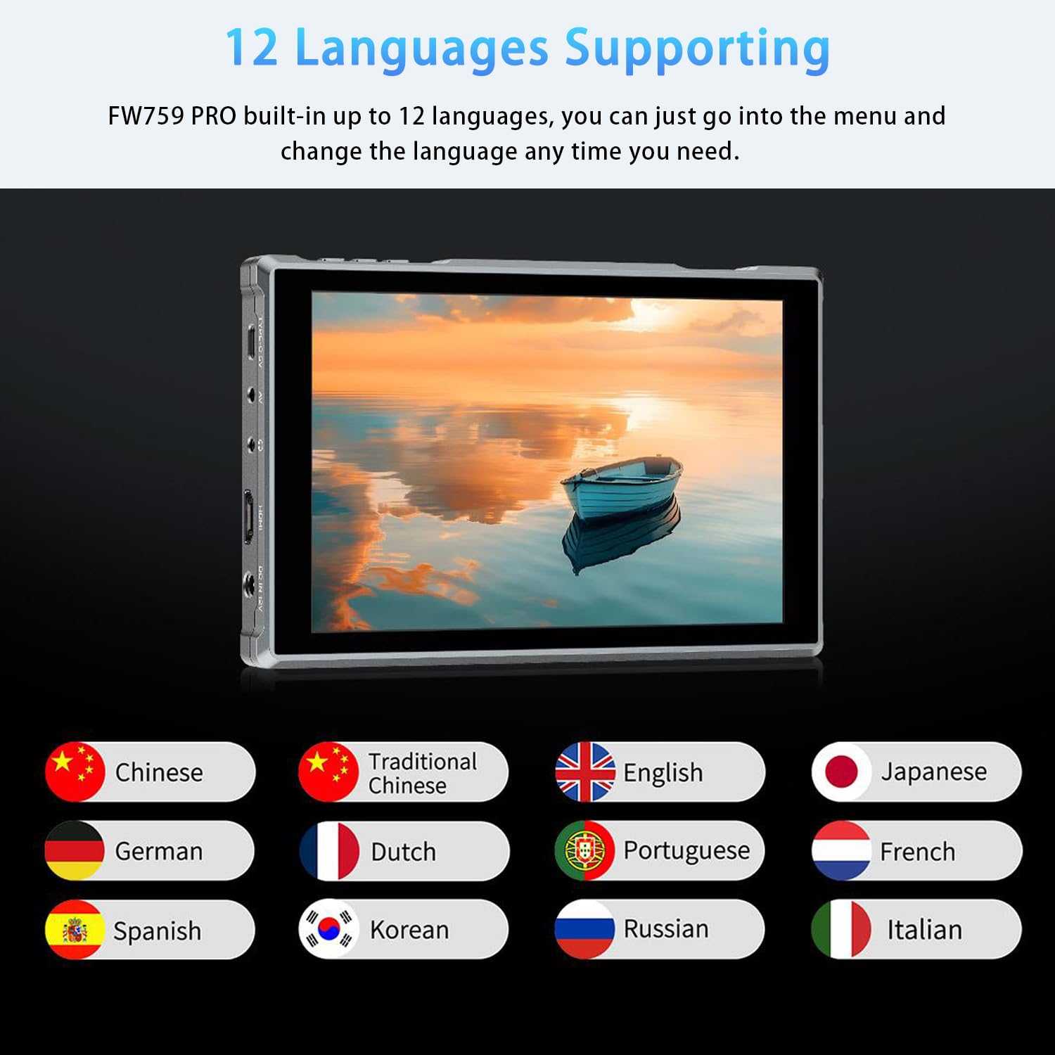 FEELWORLD FW759 Pro Ekran dotykowy do kamery Monitor polowy 7 cali Peaking Video Assist, 300g, 4K HDMI 1280X800 Kompatybilny z DSLR z daszkiem, uchwyt na DC, Type-C i NP-F Zasilanie