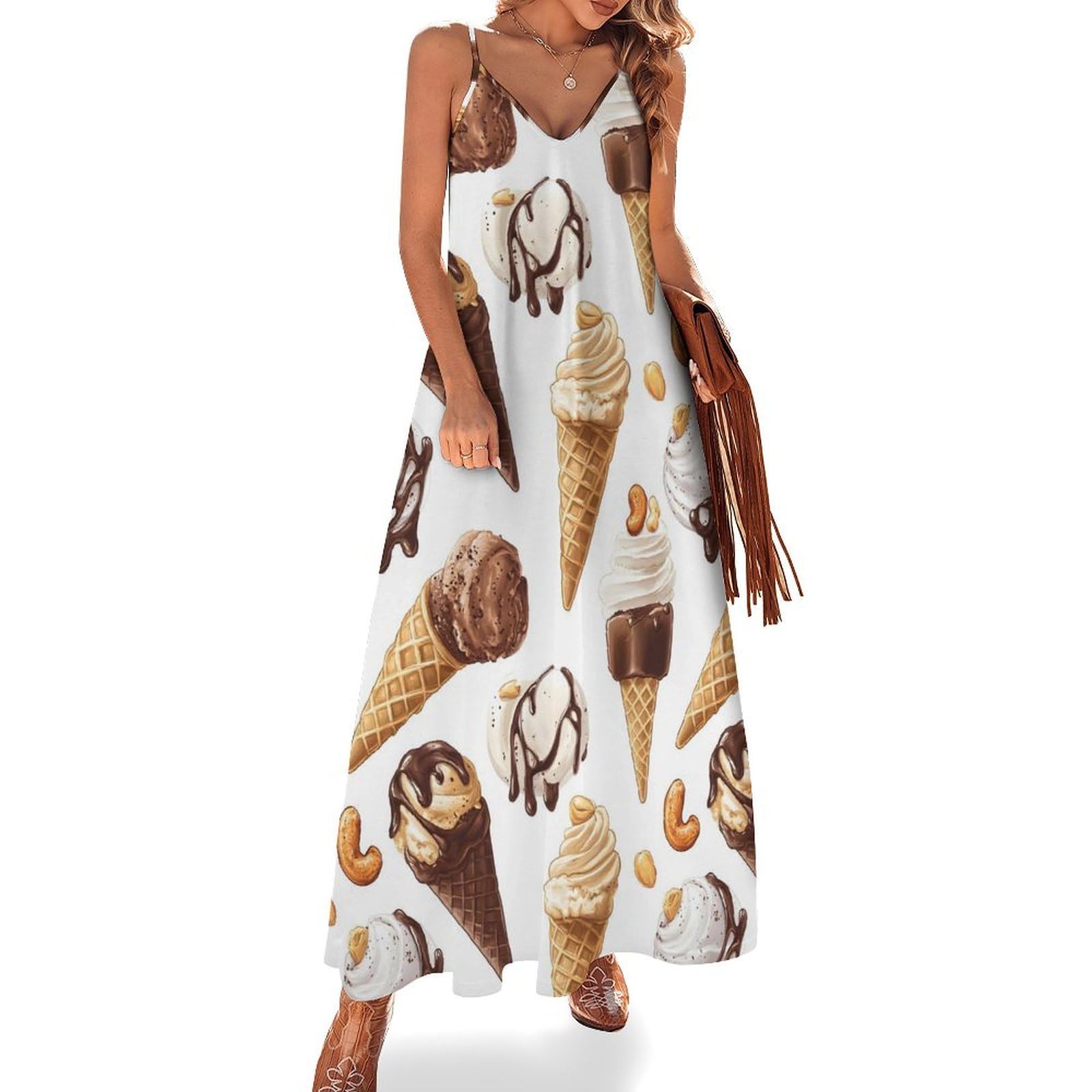 peiyeety Nut Ice Cream Print Summer Maxi Dresses for Women 2025, Casual Spaghetti Strap Long Beach Sundresses