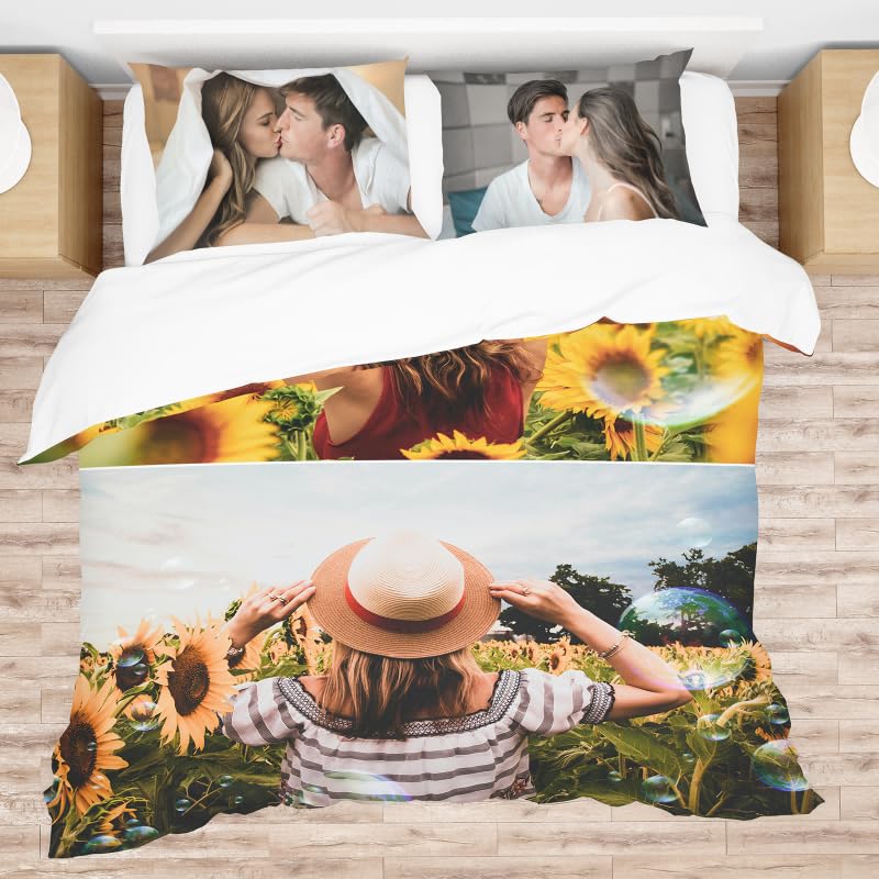 CECEKIS Personalized Custom Duvet Cover Bedding Set Trio, with Photo and Text, Include 1 Pcs Duvet Cover and 2 Pcs Pillowcases (Add 2 Image)