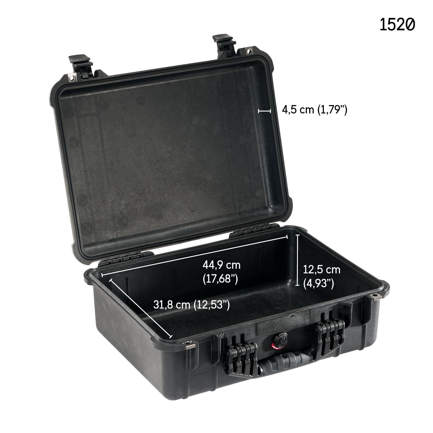 PELI 1520 valise de protection indestructible, IP67 étanche à l'eau et à la poussière, capacité de 24L, fabriquée en Allemagne, sans mousse, couleur: noire