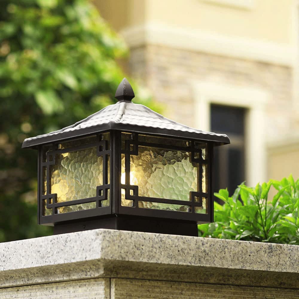 Retro Square PillarLamp, IP65 wasserdichte Säulenleuchten, Säulenlampe aus Druckguss-Aluminium, Lampenschirm aus Glas, Lampe mit E27-Sockel, Villa-Rasen-Garten-Landschaftslampe