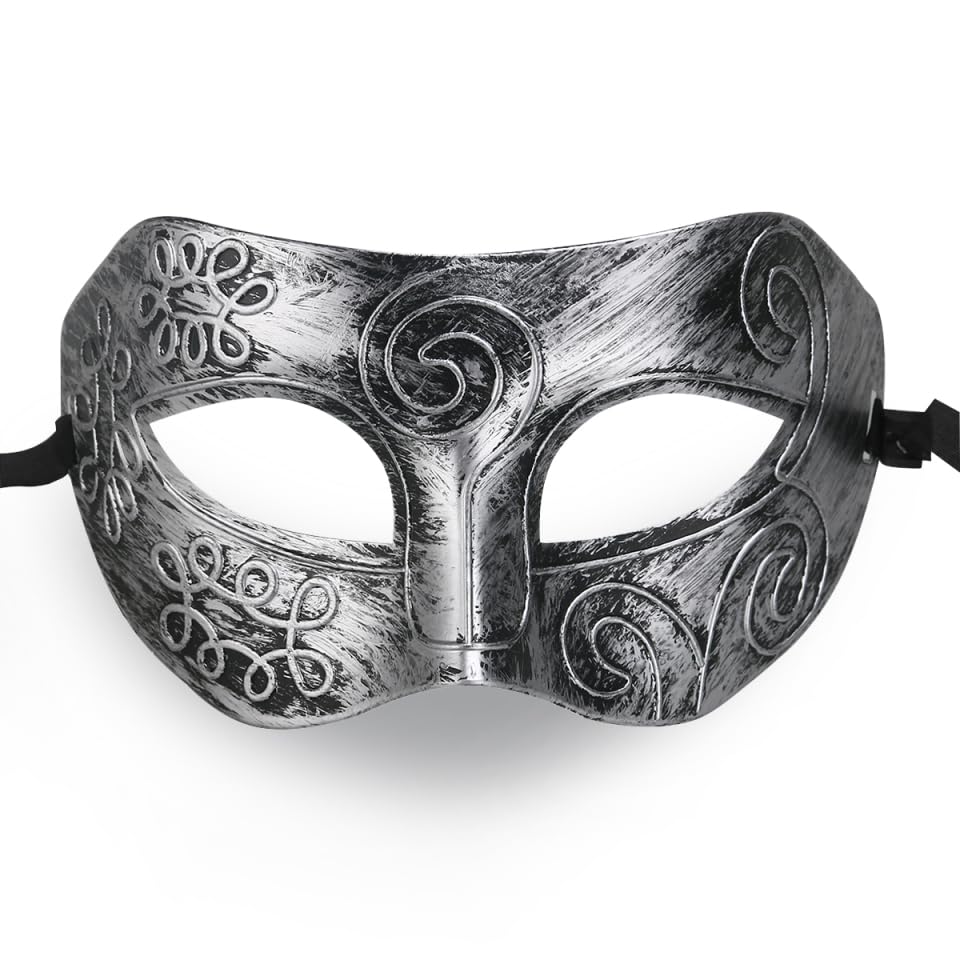 Masquerade Face Mask Cool Men Greek Roman Fighter Masquerade Cosplay Mask for Fancy Dress Accessory/Masked Ball/Halloween (Silver)