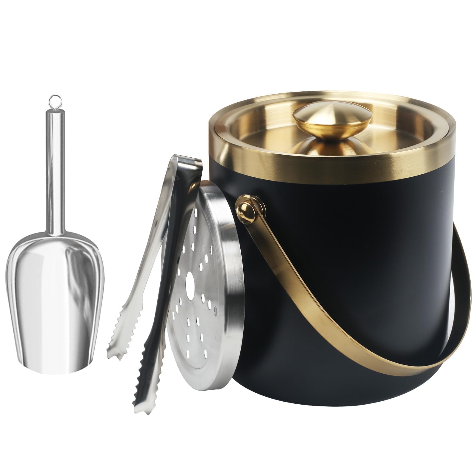 Zythrem 2L Secchiello per il Ghiaccio in Acciaio Inox 2L Doppia Parete Isolata Secchiello per Ghiaccio con Coperchio, Pinze e Pala, Portaghiaccio, Lce Bucke, per Vino per Cocktail Bar