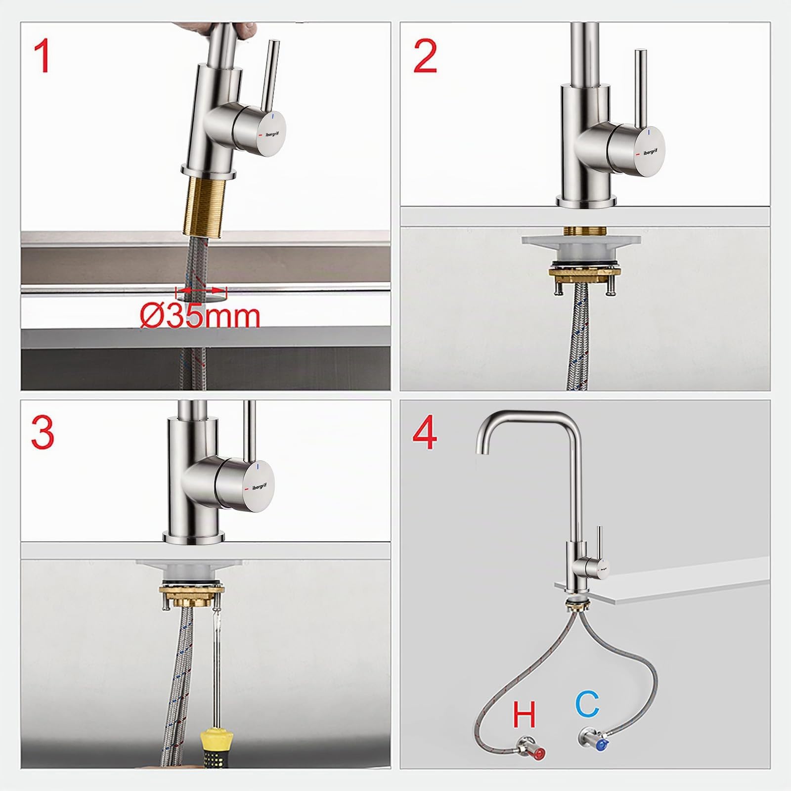 Ibergrif mitigeur monocommande acier inoxydable brossé pivotant 360° haute pression bec 28 cm design d'angle moderne