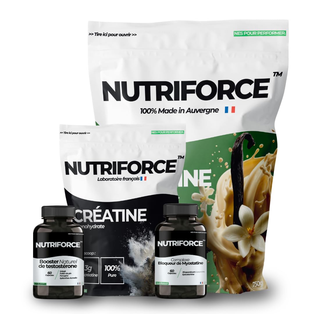 Pack Gain de Force – Whey Protéine Vanille + Créatine Monohydrate + Complexes bloqueur de Myostatine et Testostérone – Accélère la Prise de Muscle et la Force