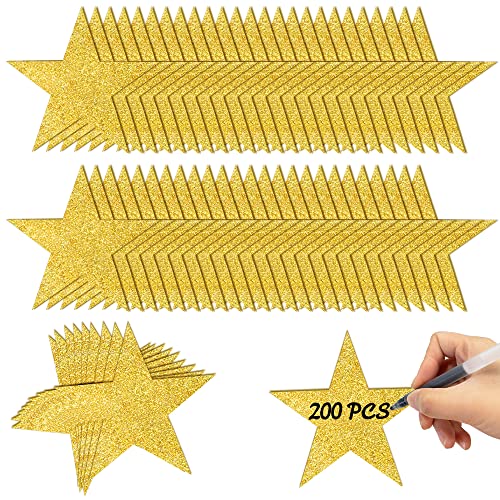 200 PCS Glitter Gold Five Star Cutouts Paper Star Confetti Cutouts Gold Stars Cutout for Bulletin Board Accents Classroom Wall Party Decoration Supply