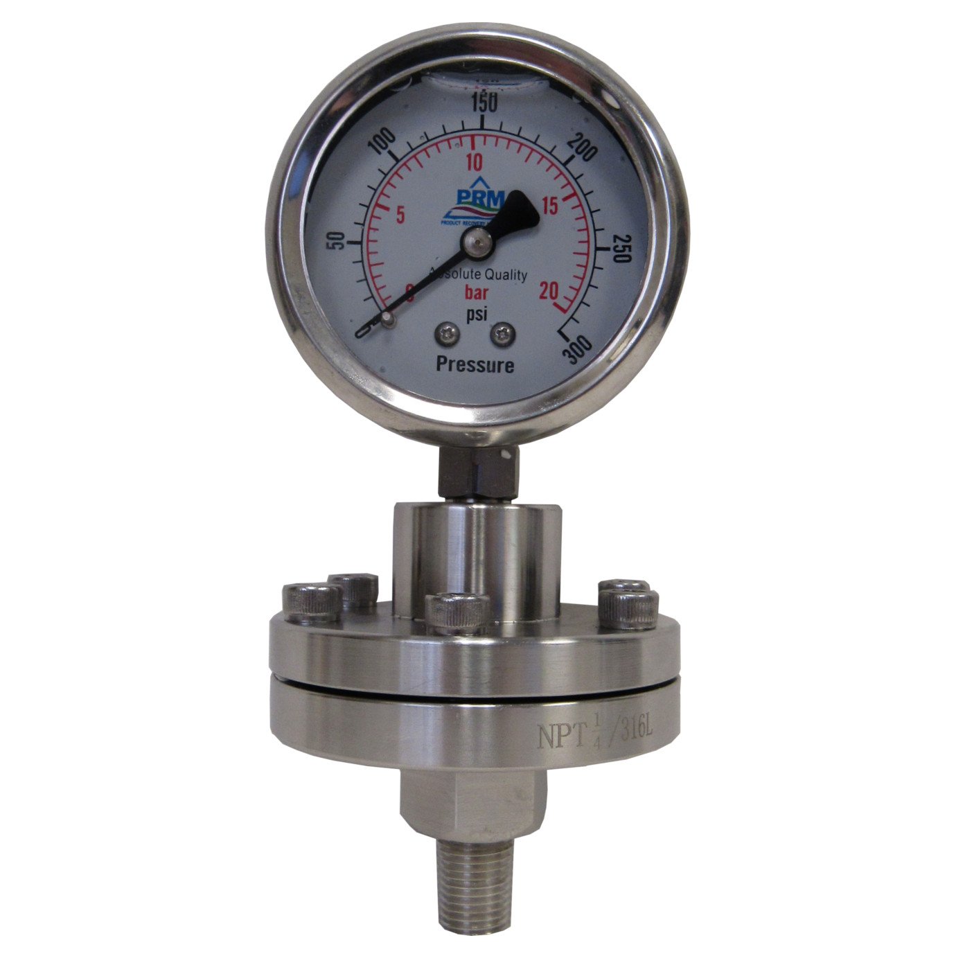 PRM 304 Stainless Steel Pressure Gauge with Diaphragm Protector, 0-300 PSI, 2-1/2 Inch Dial, 1/4 Inch NPT Bottom Mount, Stainless Steel Internals - Air & Water Pressure Measurement
