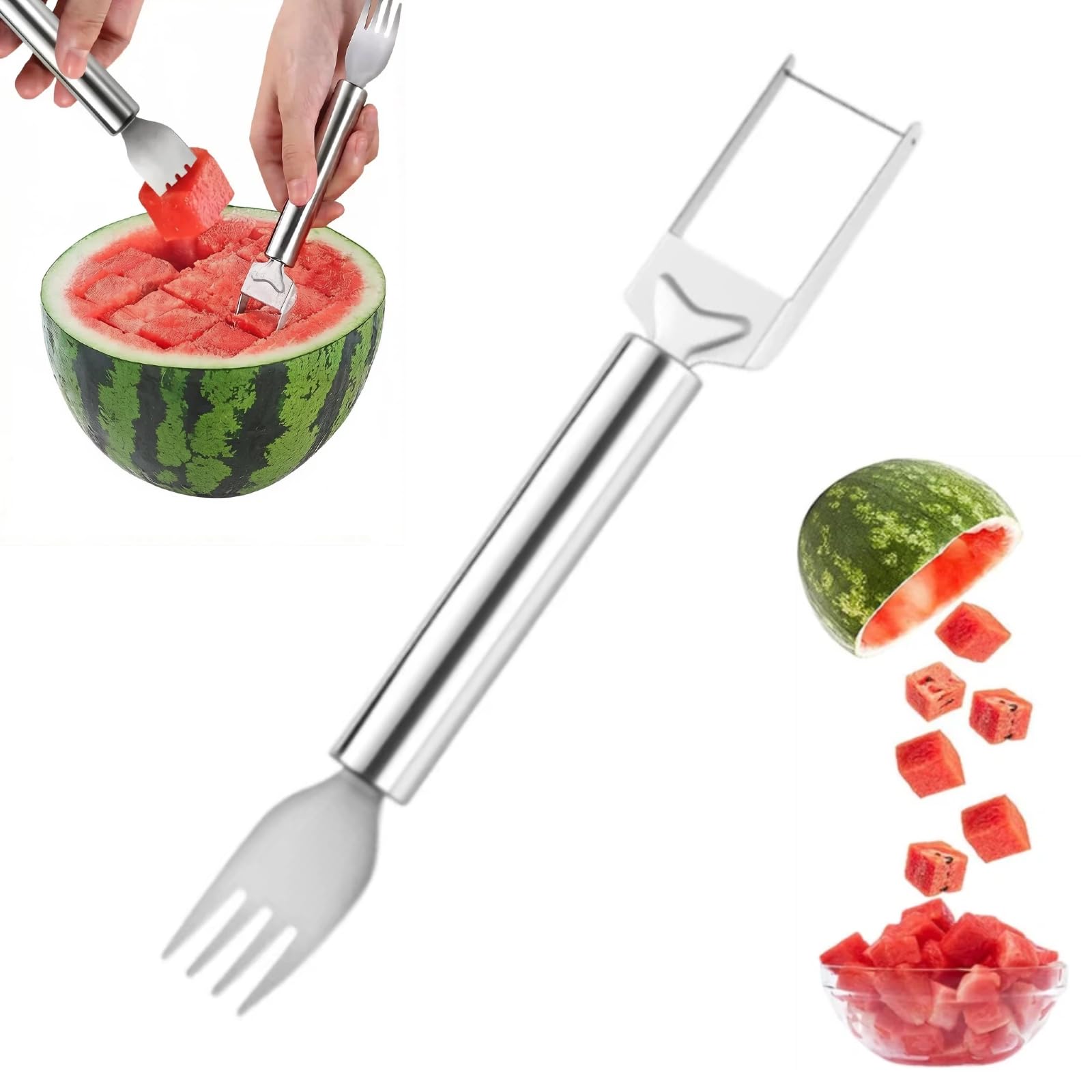 Watermelon Fork Slicer Cutter, 2-in-1 Stainless Steel Fruit Fork