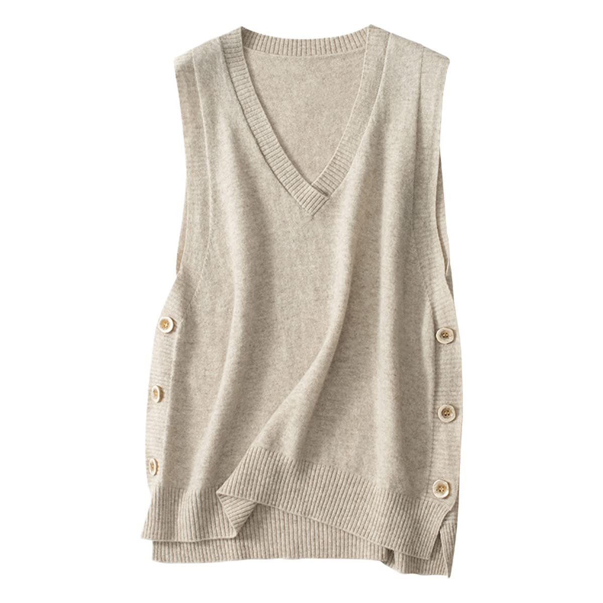 Womens V-Neck Simple Three-Button Design Solid Color Loose Casual All-Wool Knitted Vest