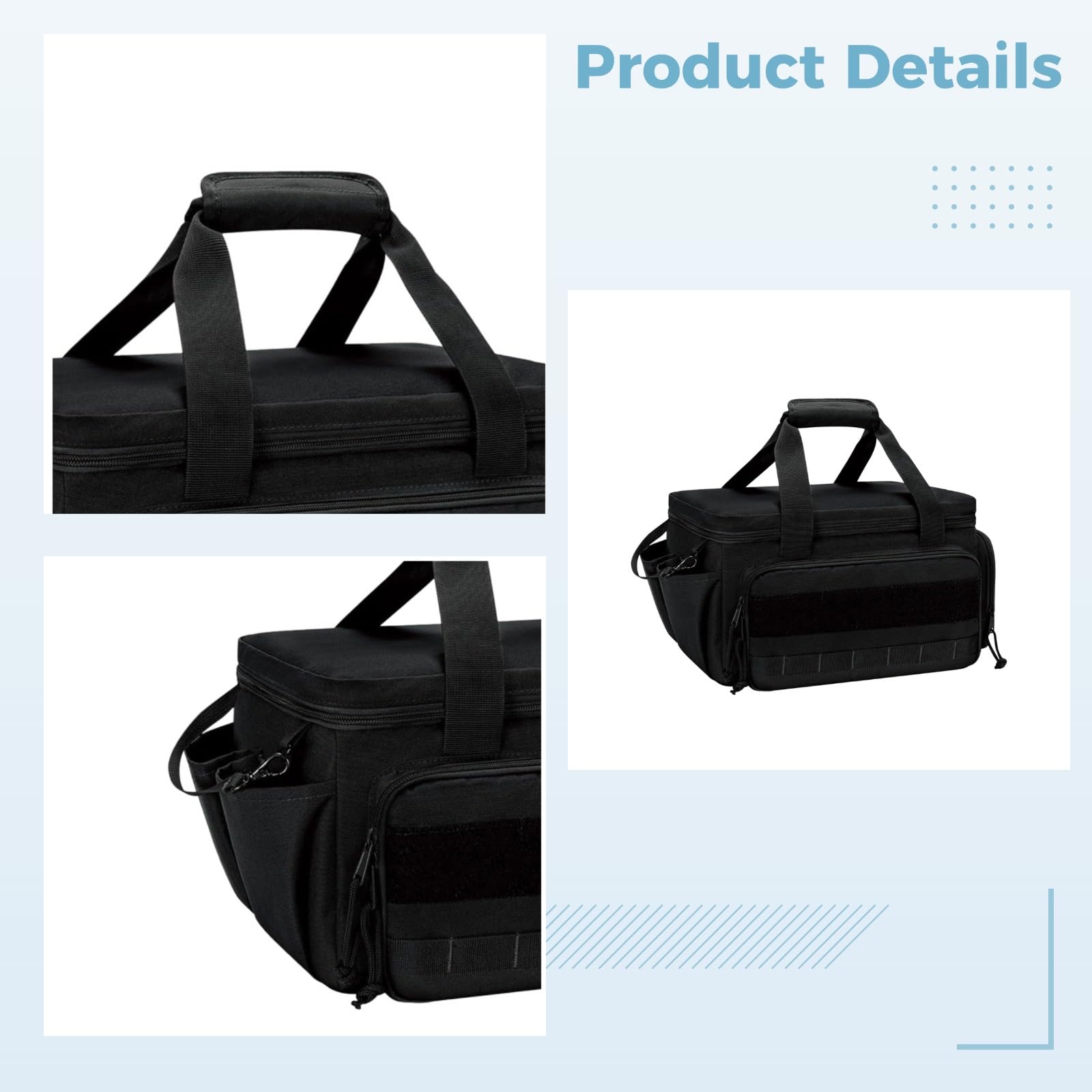 Werkzeugtasche, 36,7 x 21,5 x 20,5 cm, multifunktionale Arbeitstasche mit kleiner abnehmbarer Schlaufe, ausklappbaren Seitenhaken, Doppelreißverschluss, Polyester, Schwarz