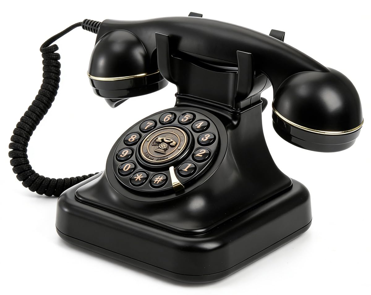 レトロ電話機 コード付き固定電話 黒電話 回転式ダイヤル風デザイン プッシュ式 通話機能付き パルス・トーン切替可能 2段階音量調整 リダイヤル対応 インテリア 電話機 撮影道具 カフェ・家庭・ホテル ヴィンテージ 15*15*15.5cm ブラック