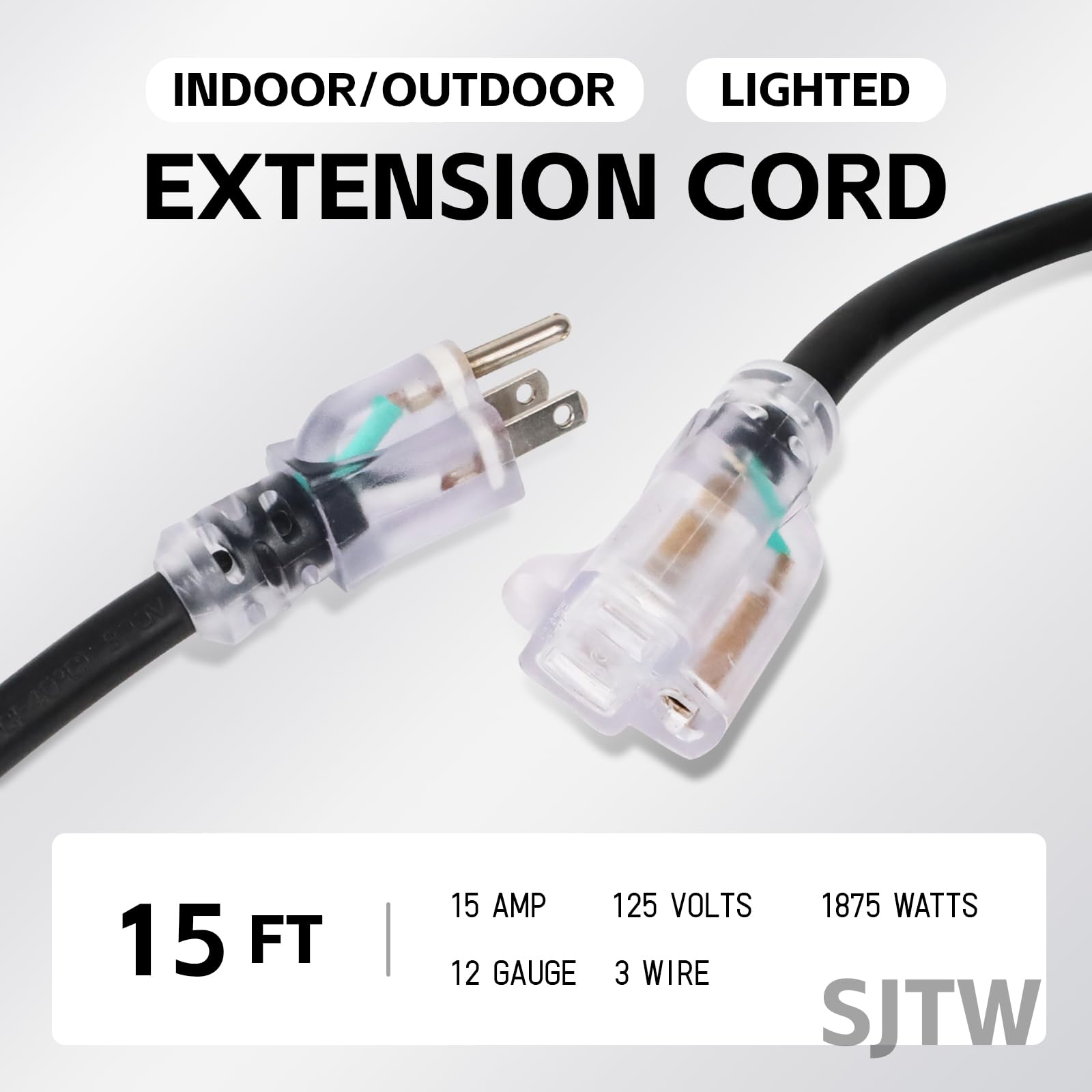 EP Cable de extensión iluminado para exteriores de 15 pies – 12/3 SJTW resistente cable de extensión negro con enchufe de 3 clavijas – Cable de alimentación para césped, jardín, electrodomésticos