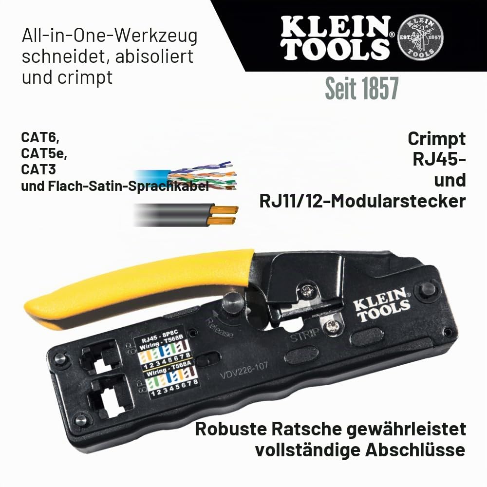 Klein Tools VDV226-107 | Ratschen-Crimpzange für RJ45 RJ11 RJ12 | CAT6 CAT5e CAT3 Datenkabel | Abisolierer Schneidwerkzeug Kompakt