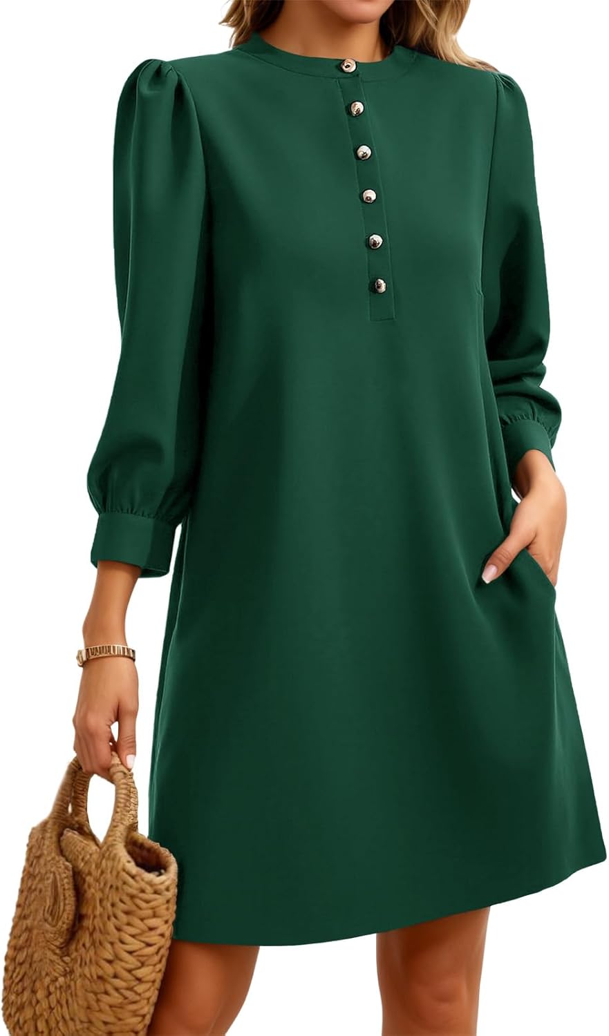 Wenrine Womens 3/4 Puff Sleeve Mini Dress Button Crewneck Elegant Casual Business Shift Dresses 2025