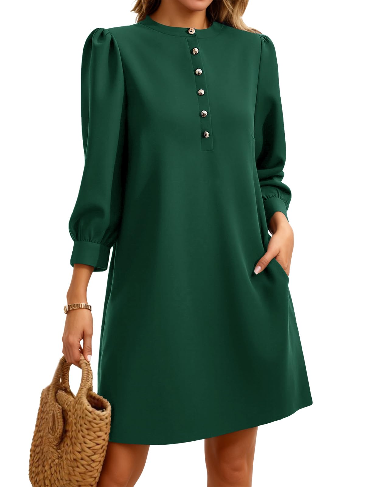 Wenrine Womens 3 4 Puff Sleeve Mini Dress Button Crewneck Elegant Casual Business Shift Dresses 2025