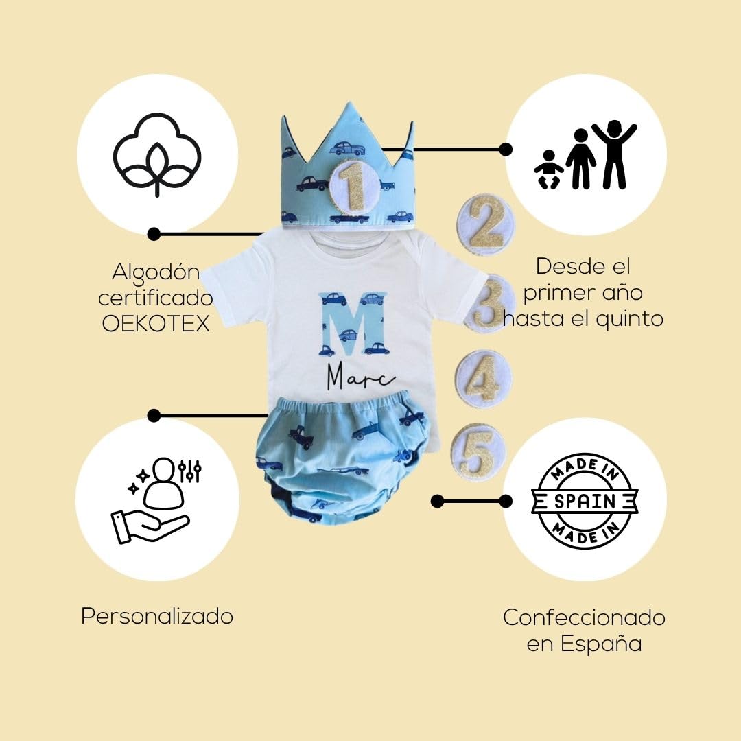 Conjunto Cumpleaños 1 año Personalizado - Camiseta con nombre Bebé - Regalo primer cumpleaños - Smash Cake - Corona cumpleaños (Coches)
