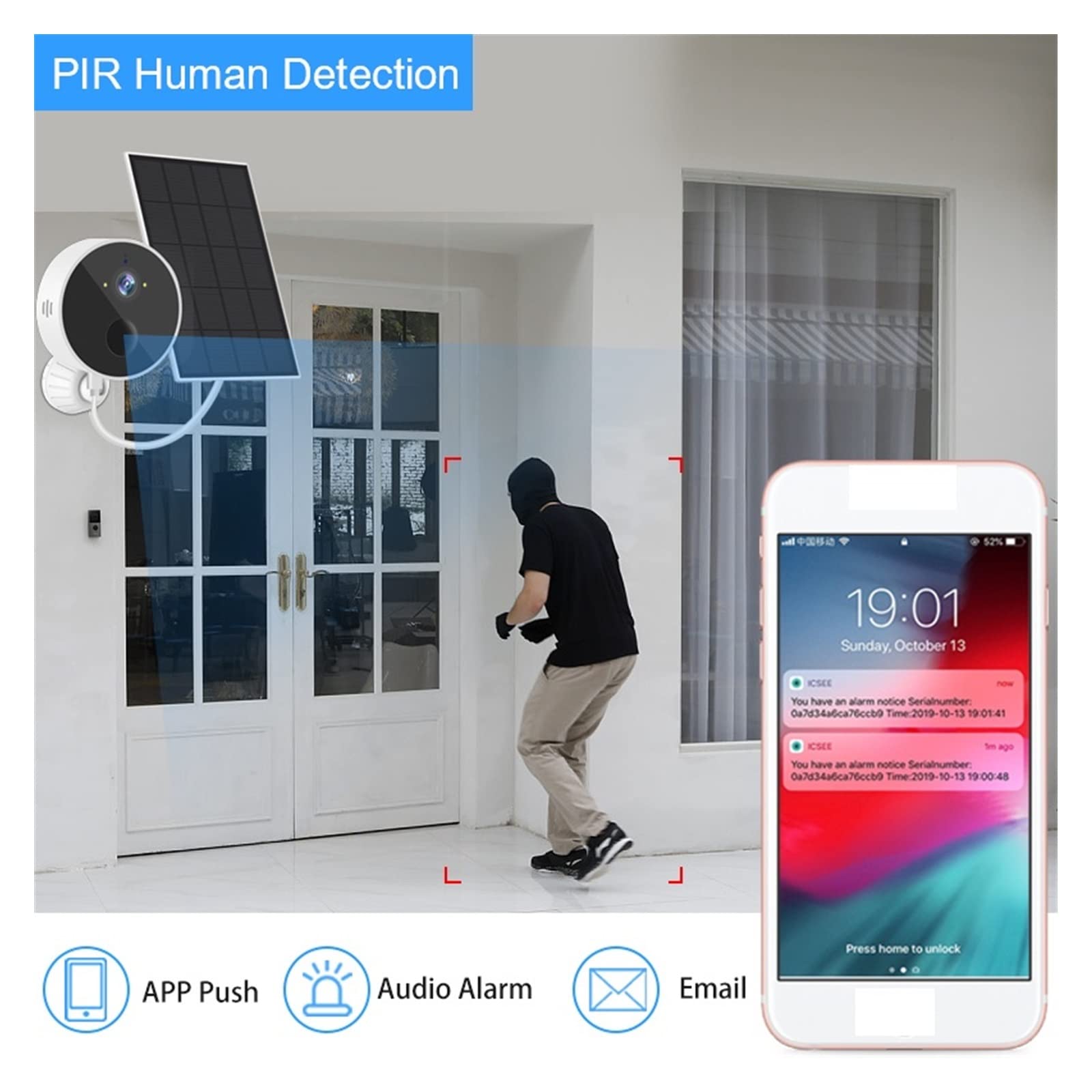 Telecamera WiFi Esterno, Telecamera Solare 1080P PIR Rilevamento Umano Sicurezza Videosorveglianza IP CCTV con Pannello Solare Ricarica Li-Batterie,Sicurezza, Antifurto(1080P No Card)