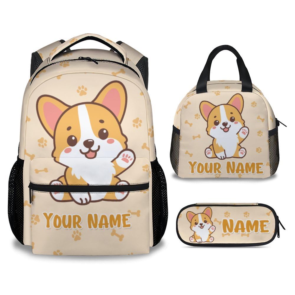 BEOIIBIRD Custom Corgi Backpack with Lunch Box and Pencil Case Set, Set of 3 Matching Girls Yellow Backpacks Combo, Cute Bookbag and Pencil Case