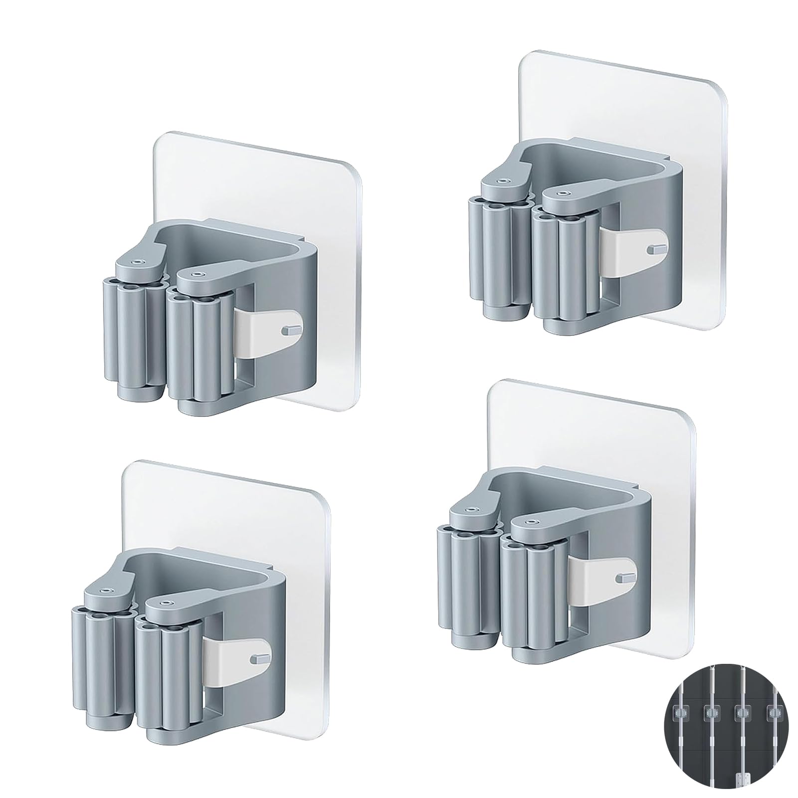CUWERFO 4 PCS Broom Holder Wall Mounted, Self Adhesive Mop Holder, Broom Mop Holder, Mop Broom Holder, for Home, Kitchen, Garage, Space-Saving Broom Storage Accessories(Grey)