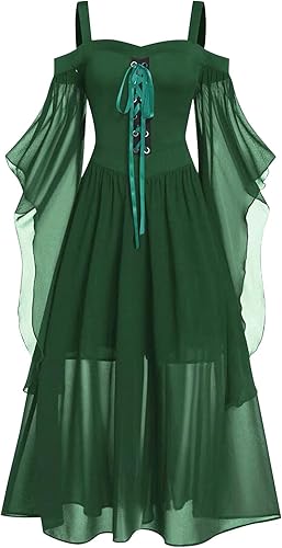 FlekmanArt Disfraz de cosplay renacentista medieval irlandés para mujer, disfraz de hada, hombros descubiertos, vestido de manga de mariposa