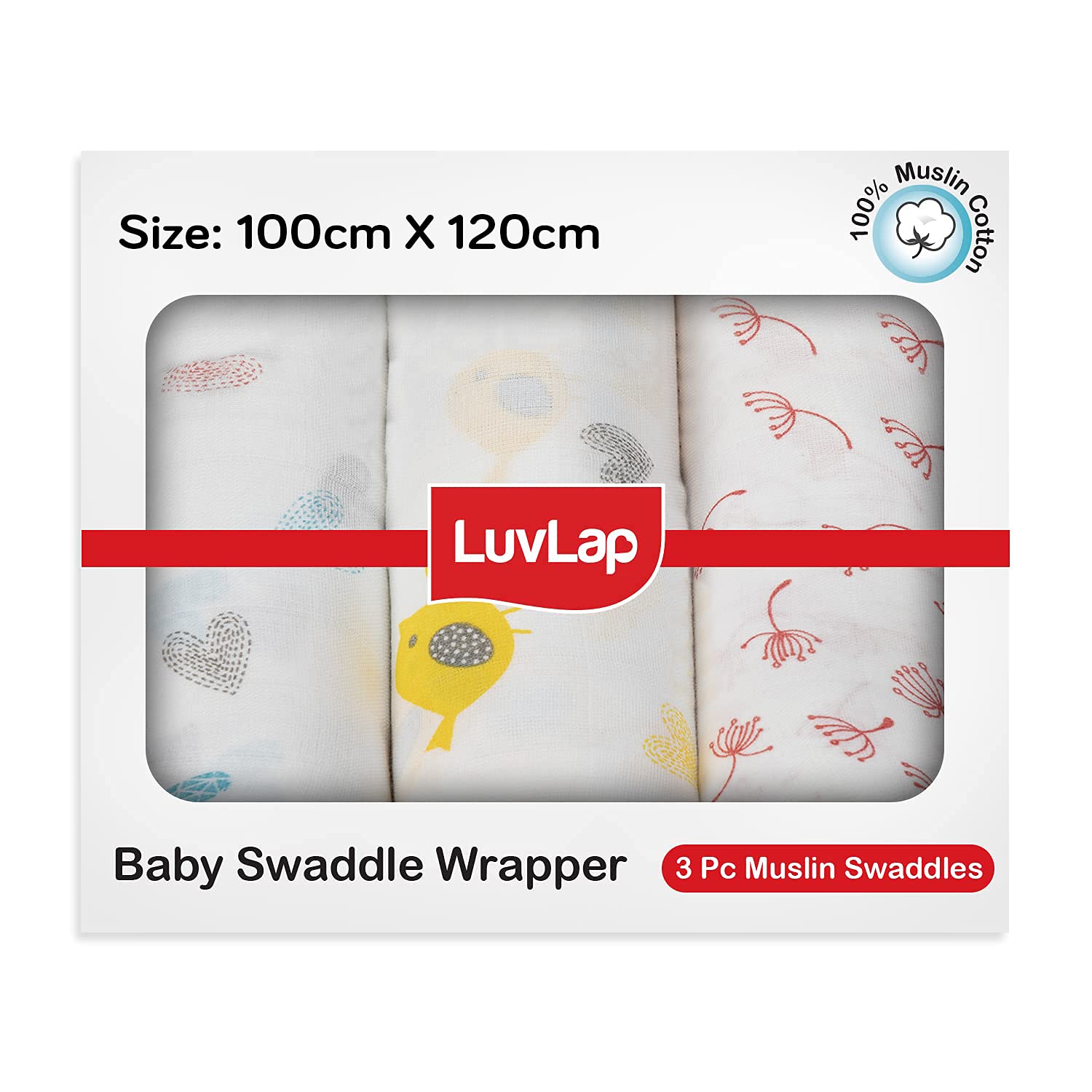 LuvLap 100% Cotton Muslin Baby Swaddle Set, Pack of 3, Size-120cm x 100cm (47"x39"), Hearts Birds Printed on White, 0-18 Month+, Printed Mulmul Muslin Swaddle Wrap for New Born Baby (B07Y1WY7BR) Amazon Price History, Amazon Price Tracker