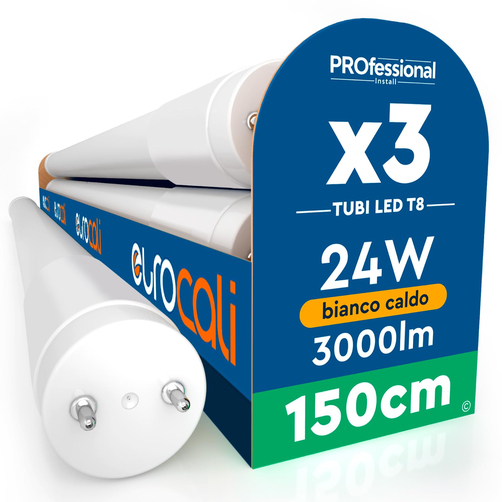 Eurocali 3 Tubi LED 24W 150cm T8 G13 con Starter 3000 Lumen Garanzia 3 Anni - Luce Calda 3000K - Alta Luminosità 125 lm/W - Materiale Nano Plastic Sostituzione Neon per Soffitto Garage Negozio
